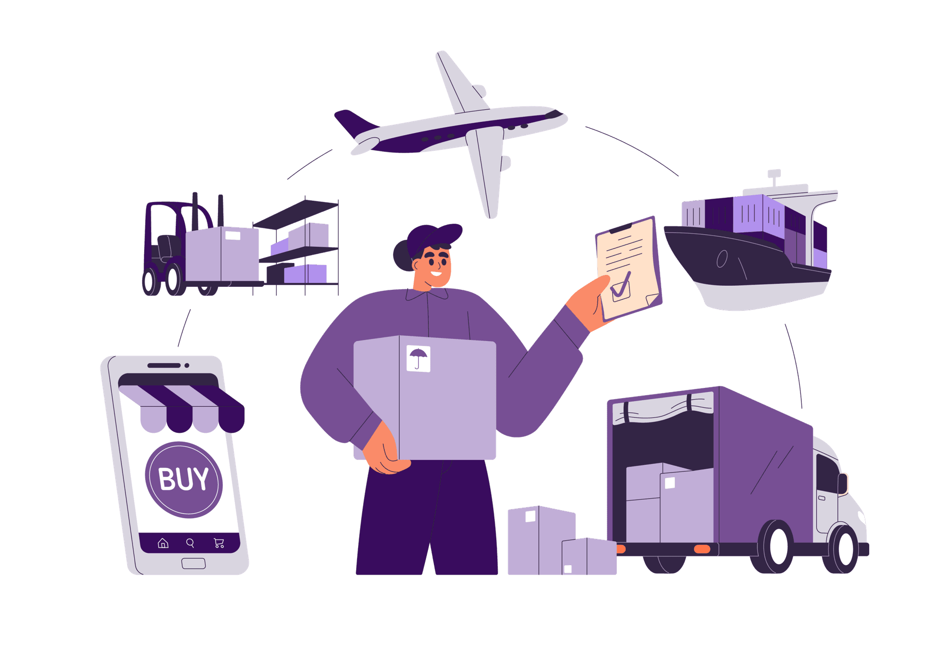 Logistics illustration: trucks, planes, ships and ecommerce
